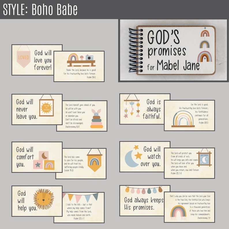May include: A collection of Boho-style cards with inspirational quotes and illustrations. The cards feature phrases like "God will love you forever" and "God's promises." A spiral-bound notebook with "God's promises for Mabel Jane" is also included.