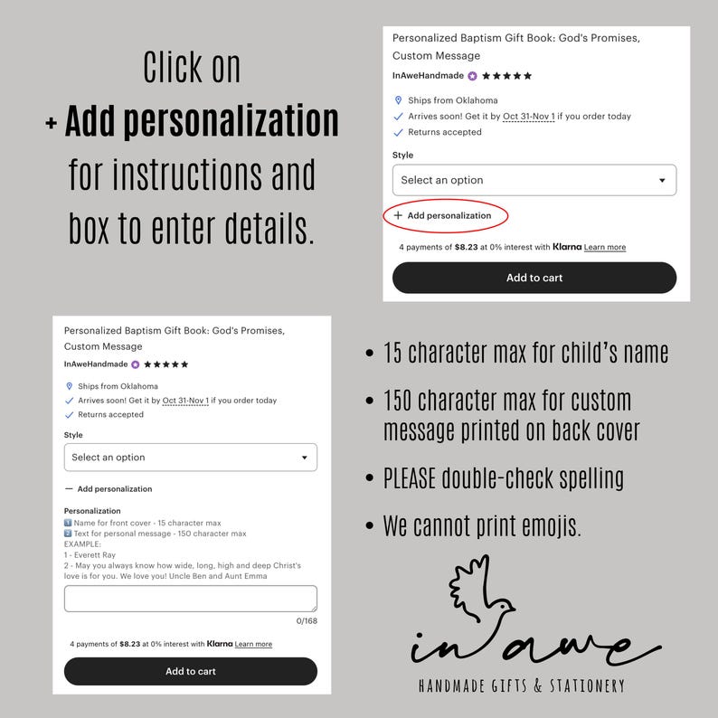 May include: Image of a personalized baptism gift book with customization options. The image includes text that says "Click on + Add personalization for instructions and box to enter details."