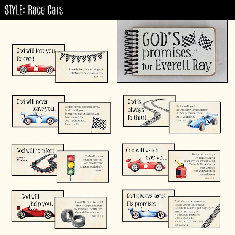 Puede incluir: Un libro de notas con espiral titulado GOD'S promises for Everett Ray, con ilustraciones de coches de carreras, banderas a cuadros y textos religiosos en cada p&aacute;gina. Las tarjetas muestran varios coches, pistas y sem&aacute;foros con vers&iacute;culos.