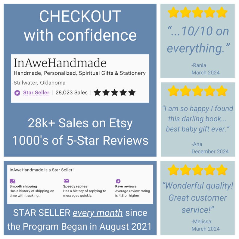 May include: A blue and white graphic with the text "CHECKOUT with confidence" and "InAweHandmade" with the tagline "Handmade, Personalized, Spiritual Gifts & Stationery". The graphic also includes the text "Star Seller" and "28,023 Sales". The graphic also includes the text "28k+ Sales on Etsy" and "1000's of 5-Star Reviews". The graphic also includes the text "STAR SELLER every month since the Program Began in August 2021". The graphic also includes three customer reviews with five-star ratings and positive comments.