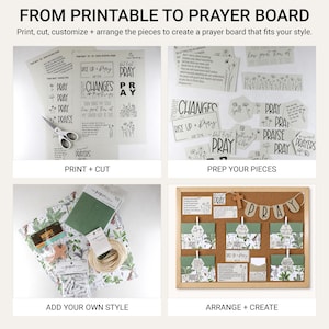 DIY prayer board process showing how to print, cut, customize and arrange the Wildflower printable pieces.