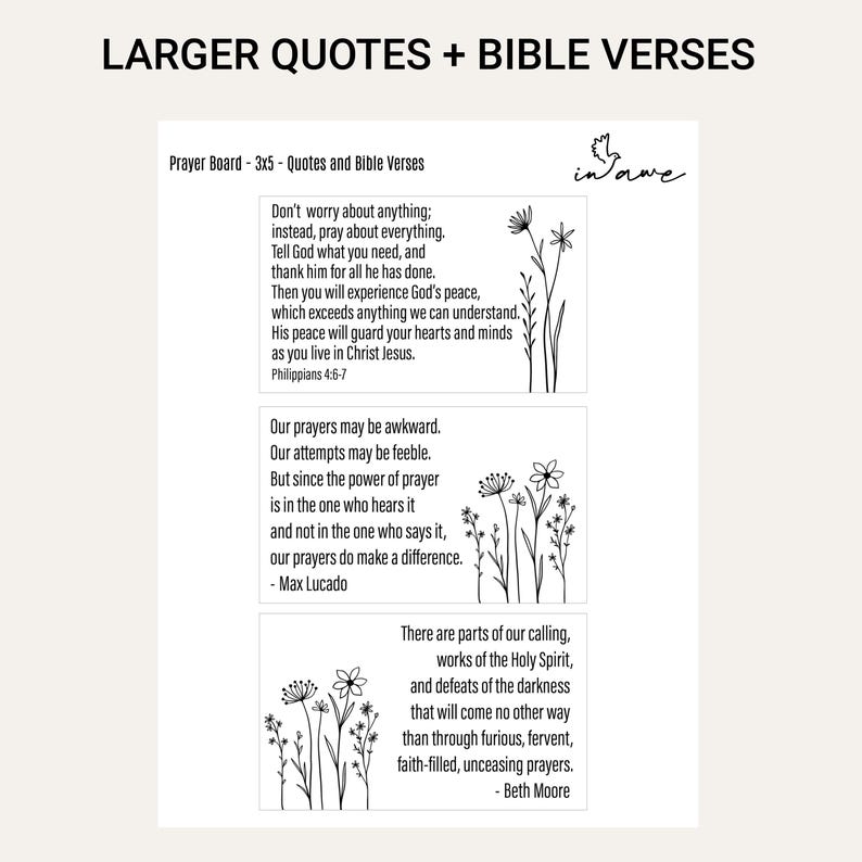 Larger printable Bible verses and prayer quotes with simple Wildflower illustrations for a DIY prayer board.