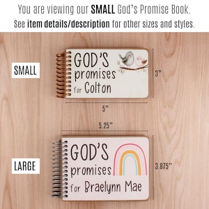 May include: Two spiral-bound "God's Promises" books, one small (5" x 3") and one large (5.25" x 3.875"). The small book has a bird illustration and the name "Colton." The large book features a rainbow and the name "Braelynn Mae."