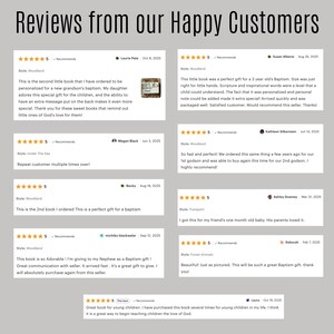 May include: A webpage featuring customer reviews with a five-star rating system. The reviews are for a personalized book, with comments about baptism gifts and children's books. The text includes customer names and dates.