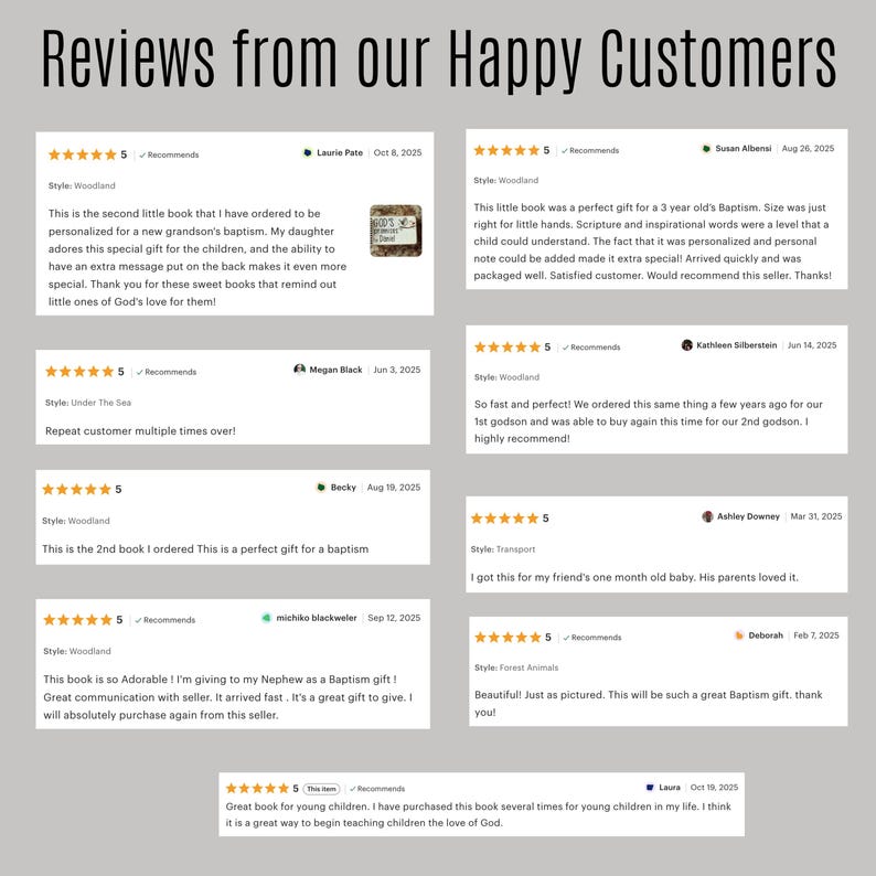 May include: A webpage featuring customer reviews with a five-star rating system. The reviews are for a personalized book, with comments about baptism gifts and children's books. The text includes customer names and dates.