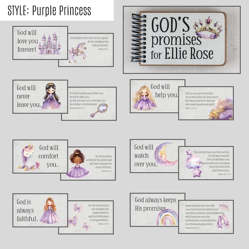 May include: A collection of inspirational cards and a spiral-bound notebook with the text "GOD'S promises for Ellie Rose." The cards feature illustrations of castles, unicorns, and princesses in shades of purple and white, with encouraging phrases.