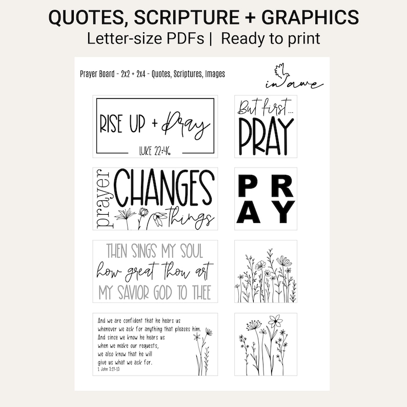 Printable prayer board quotes, Scripture, prayer sayings and Wildflower graphics on a US Letter PDF page.