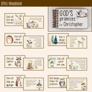 May include: A collection of woodland-themed stationery items. Includes a spiral-bound notebook with the text "GOD'S promises for Christopher" and illustrated cards with inspirational messages and woodland animal graphics. The style is soft and inviting.