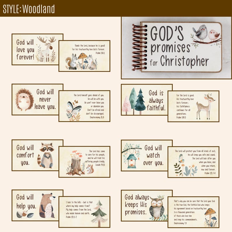 May include: A collection of woodland-themed stationery items. Includes a spiral-bound notebook with the text "GOD'S promises for Christopher" and illustrated cards with inspirational messages and woodland animal graphics. The style is soft and inviting.