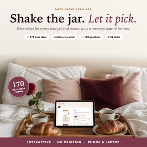 May include: A digital date night idea jar product display featuring the text: Date Night Idea Jar, Shake the jar. Let it pick. Date ideas for every budget and mood, plus a memory journal for two. Includes 170 date ideas, memory journal, 100 questions, and 52 dates.