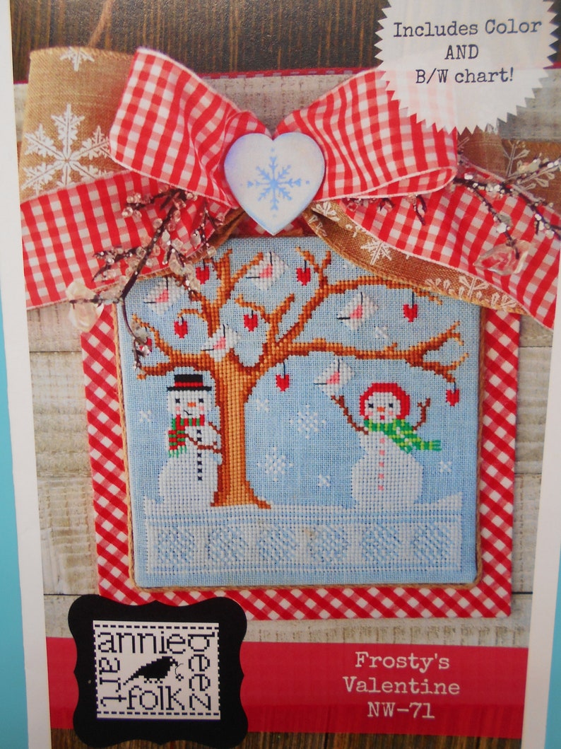 Snowman couple NEW ~ /'Frosty/'s Valentine/' Cross Stitch Pattern in both Color and BlackWhite Annie Beez Folk Art red hearts
