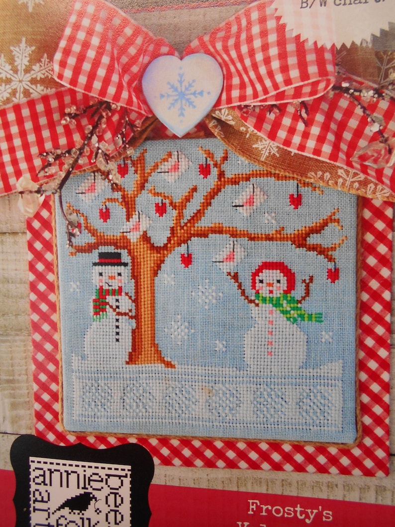 Snowman couple NEW ~ /'Frosty/'s Valentine/' Cross Stitch Pattern in both Color and BlackWhite Annie Beez Folk Art red hearts