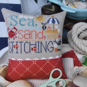 Cross Stitch Pattern (only) "Sea, Sand & Stitching", Primrose Cottage Stitches, Lindsey Weight, umbrella, crab, tiny whale, fish, thread