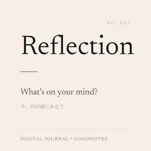 Puede incluir: Una página de diario digital con fondo beige claro que presenta el texto NO. 001, Reflection, What's on your mind?, el texto japonés 今、何が頭にある？ y las palabras DIGITAL JOURNAL GOODNOTES en la parte inferior en una fuente serif marrón oscuro.