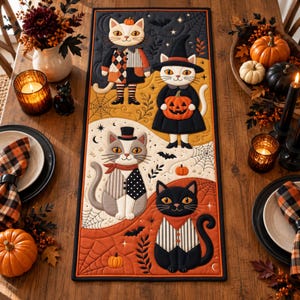 Camino de mesa acolchado con diseño de gato de Halloween, decoración otoñal de bruja, gato negro y calabaza, acento de comedor de granja espeluznante, regalo para amantes de los gatos