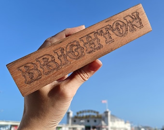 Brighton Palace Pier Teak Wood Plank, Salvaged Engraved Souvenir, Beach, Coastal Decor, Handmade Homeware, Weathered Wood, Unique Gift