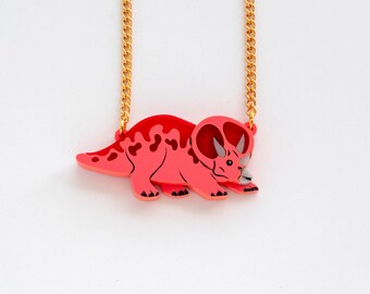 Mini Triceratops dinosaur necklace in rainbow acrylics, laser cut pendant on silver or gold plated chain, quirky jewelry gift for dino lover