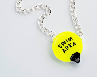 SWIM AREA necklace in neon yellow, eighties and nineties beach pendant necklace with chunky silver plated chain