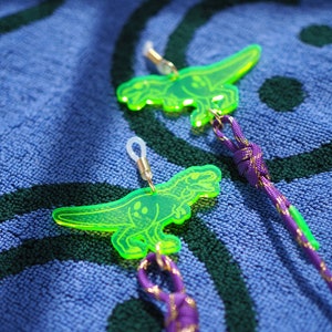 T-Rex sunglasses chain, gold plated hardware, dinosaur eyeglasses strap