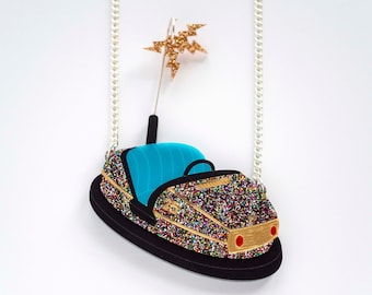 Bumper Car Necklace, Vintage Style Acrylic Dodgem Jewelry, Laser Cut Perspex, Brighton Pier Inspired, Gift for Her, Theme Park Souvenir