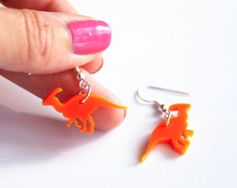Parasaurolophus dinosaur dangly earrings, laser cut acrylic, colourful Jurassic inspired jewelry, gift for her, summer dangle earrings