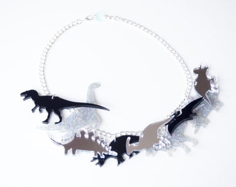 Monochrome and glitter dinosaur charm necklace, large festival necklace