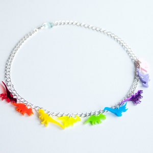 Rainbow tiny dinosaur charm necklace, large statement festival necklace