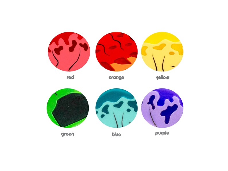 May include: Six round, colorful, resin cabochons with a marbled, abstract design. The colors are red, orange, yellow, green, blue, and purple.