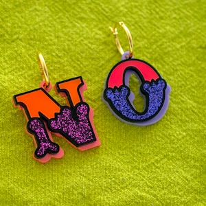 Circus letter earrings, gold filled hoop in bright acrylic, festival earrings image 7