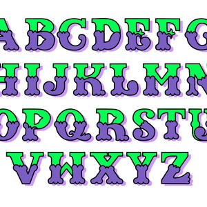 Puede incluir: Un alfabeto colorido con letras verdes y moradas. Las letras tienen un estilo decorativo y caprichoso con un borde ondulado y festoneado.