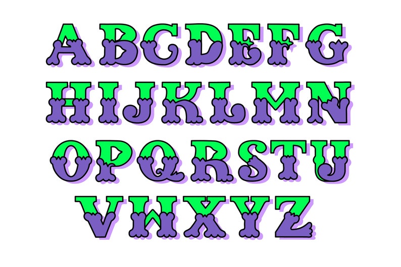 Puede incluir: Un alfabeto colorido con letras verdes y moradas. Las letras tienen un estilo decorativo y caprichoso con un borde ondulado y festoneado.