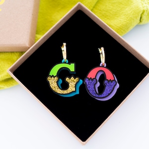 Circus letter earrings, gold filled hoop in bright acrylic, festival earrings image 2