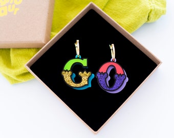 Circus letter earrings, gold filled hoop in bright acrylic, festival earrings