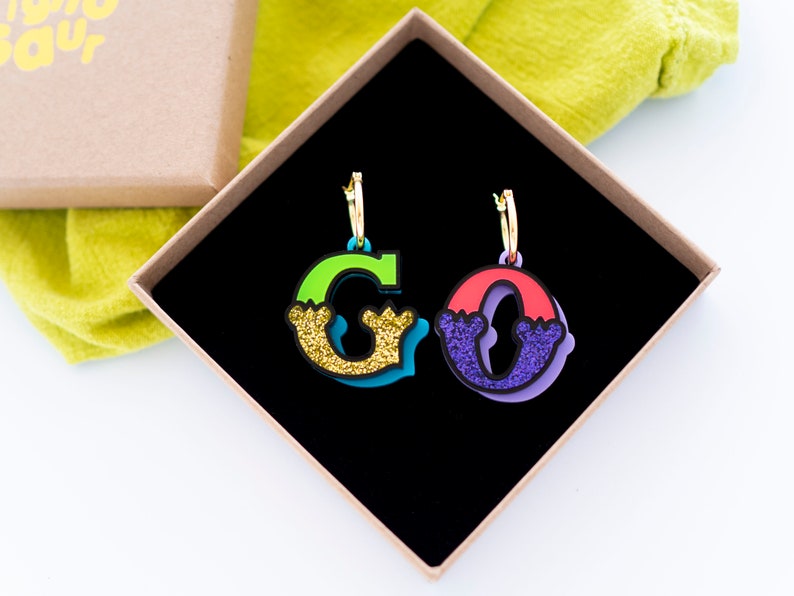 Circus letter earrings, gold filled hoop in bright acrylic, festival earrings image 2