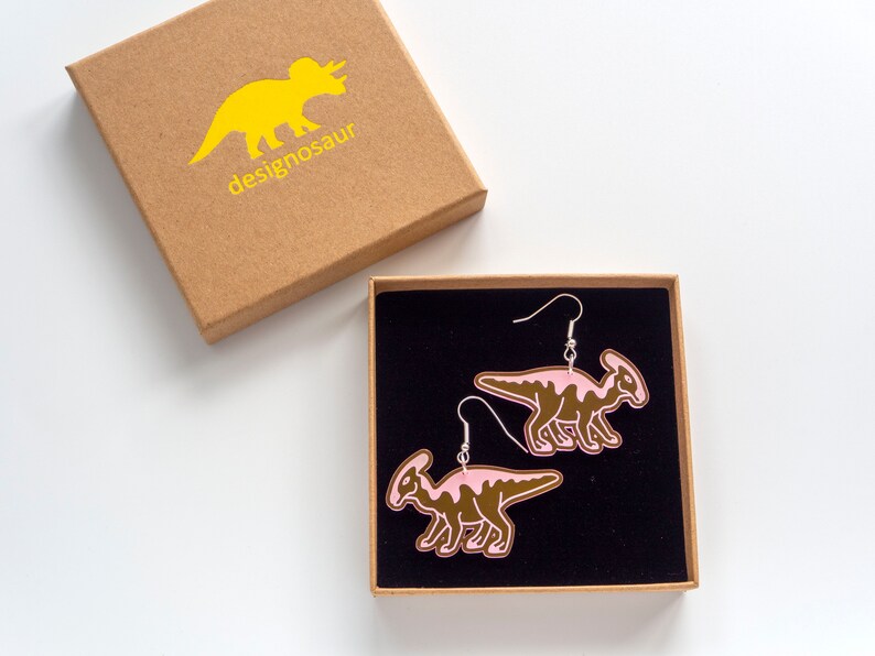 Parasaurolophus dinosaur dangly earrings, large iridescent earrings image 9