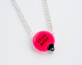 YEAH BUOY necklace in neon pink, eighties and nineties beach pendant necklace with chunky silver plated chain