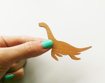 Plesiosaur Brooch, Dinosaur Pin, Loch Ness Monster, Laser Cut from Sustainable Cherry Wood or Acrylic, Sea Creature Jewelry, Fantasy Gift