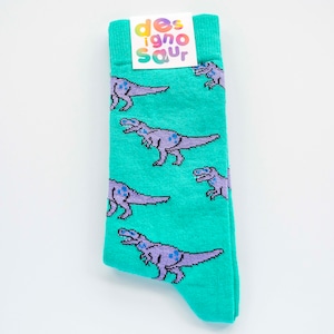 T-Rex dinosaur socks turquoise and lilac pair of socks image 1