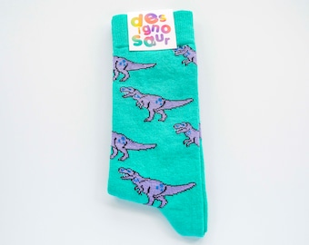 T-Rex dinosaur socks - turquoise and lilac pair of socks