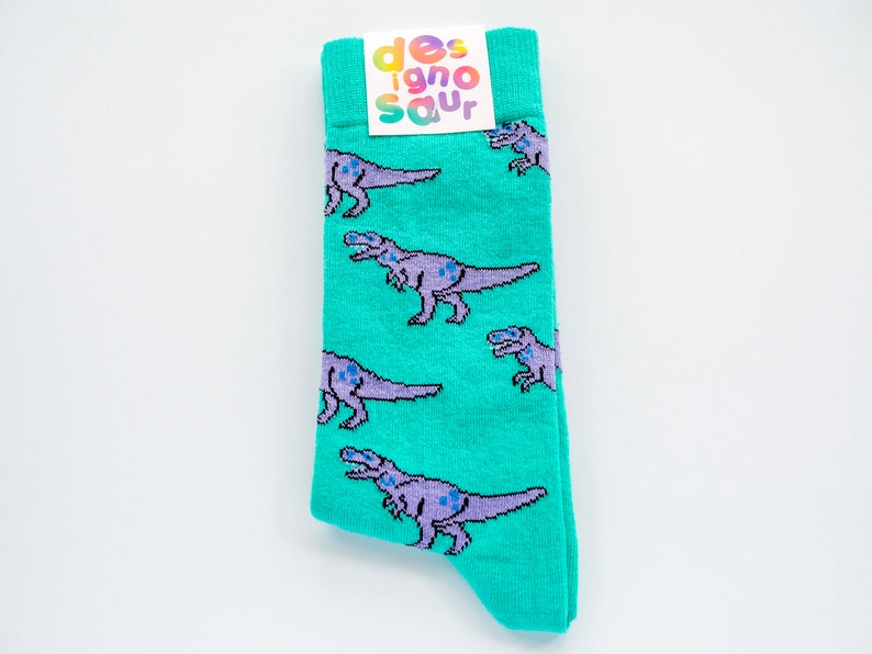 T-Rex dinosaur socks turquoise and lilac pair of socks image 1