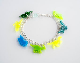 Swamp Dino Charm Bracelet, Acrylic Dinosaur Jewelry with Triceratops, T-Rex, Parasaurolophus, Plesiosaur, Velociraptor, Stegosaurus Gift