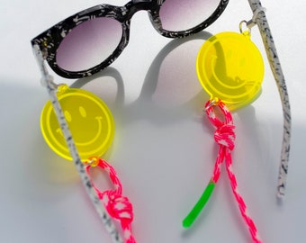 Smile face sunglasses chain, silver plated hardware, raver eyeglasses strap