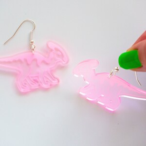 Parasaurolophus dinosaur dangly earrings, large iridescent earrings image 7