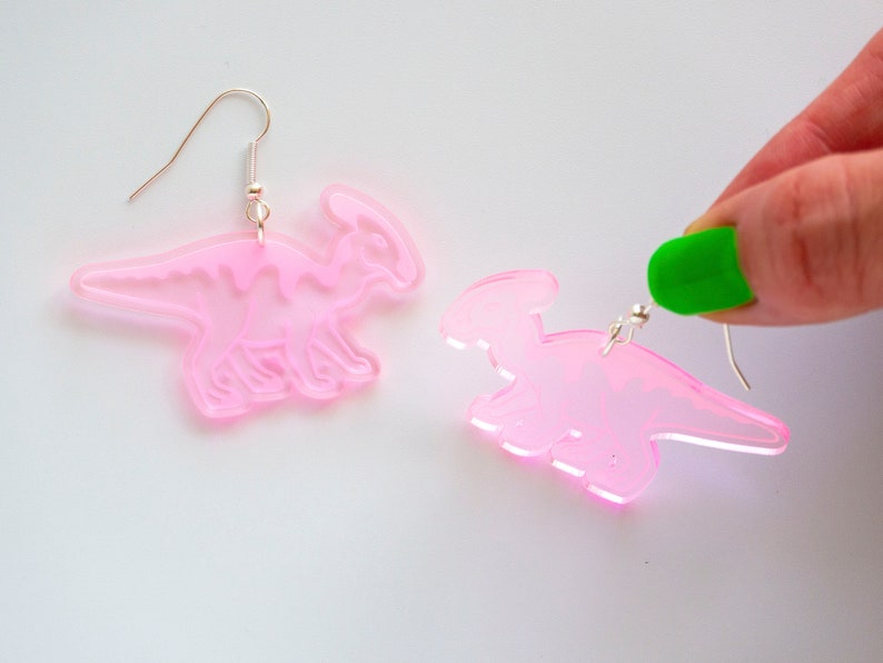 Parasaurolophus dinosaur dangly earrings, large iridescent earrings image 7