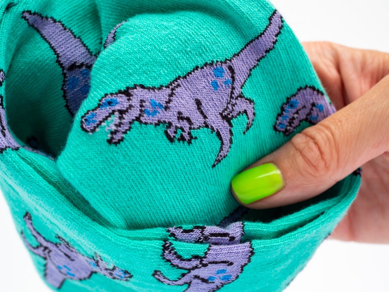 T-Rex dinosaur socks turquoise and lilac pair of socks image 3