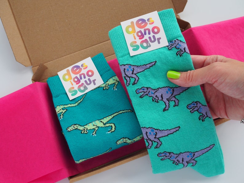 T-Rex dinosaur socks turquoise and lilac pair of socks image 4