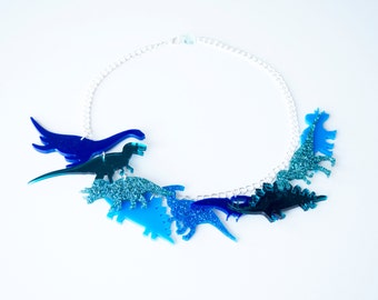 Blue ombre dinosaur charm necklace, large festival statement necklace