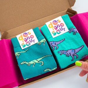 T-Rex dinosaur socks turquoise and lilac pair of socks image 8