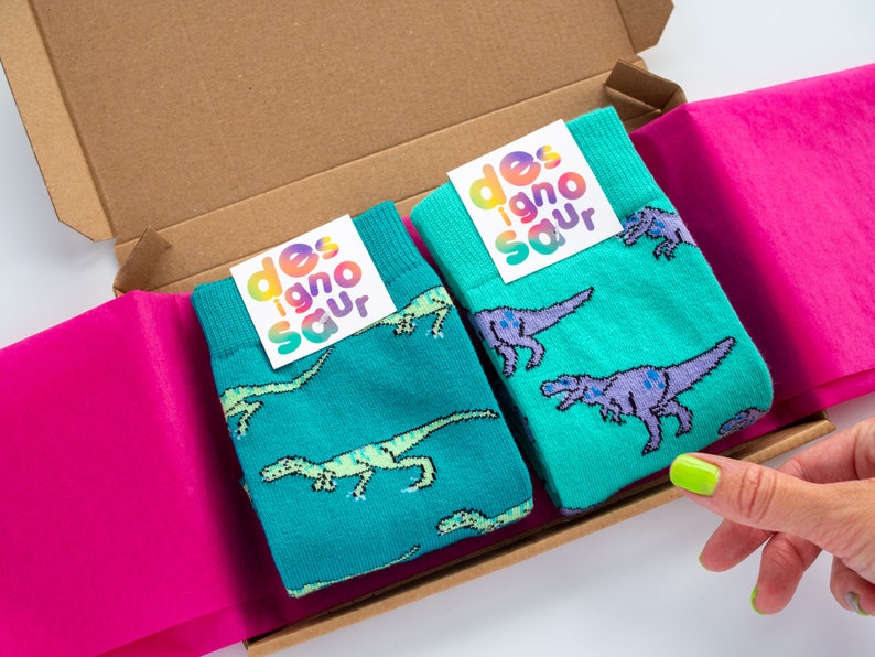 T-Rex dinosaur socks turquoise and lilac pair of socks image 8