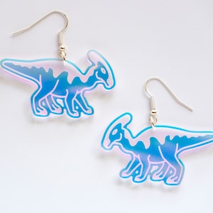 Parasaurolophus dinosaur dangly earrings, large iridescent earrings